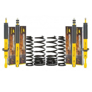 Yellow Nitrocharger shocks and black coil springs for Toyota 4Runner medium load suspension lift kit, front and rear view.
