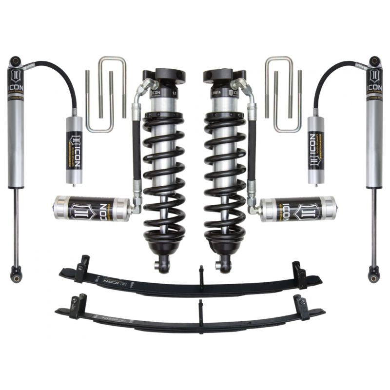 Complete ICON Stage 3 suspension system for 1996-2004 Toyota Tacoma, including shocks, coilovers, leaf springs, and hardware.