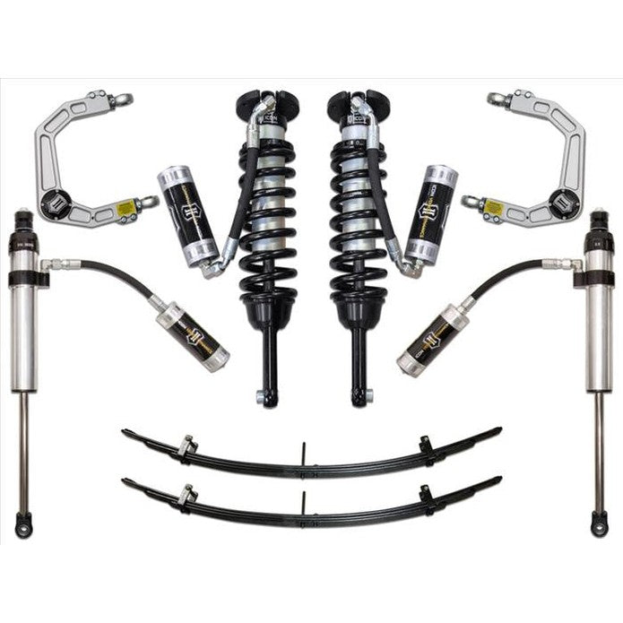 Complete Stage 5 suspension system with coilovers, leaf springs, shocks, and billet upper control arms for 2005-2015 Toyota Tacoma.
