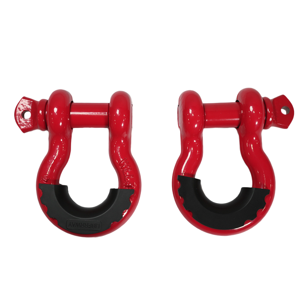 Pair of red powder-coated metal shackles with black protective covers, shown from front and back.
