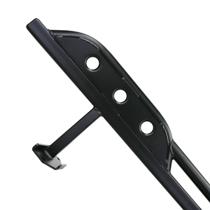 Close-up of black metal rock slider bracket with three mounting holes and welded support arm.