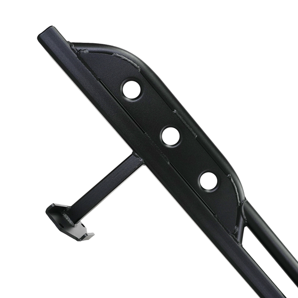 Close-up of black metal rock slider bracket with three mounting holes and welded support arm.