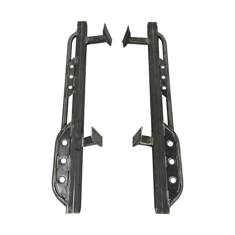 Pair of raw steel rock sliders for 100 Series Land Cruiser LX470, showing mounting brackets and tubular side protection.