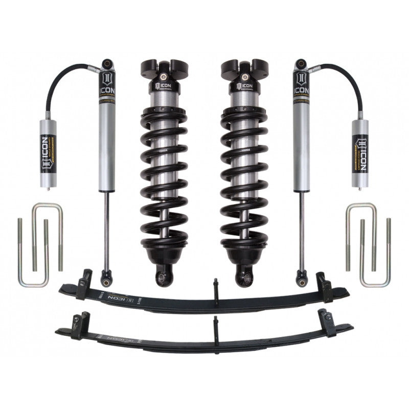Complete ICON Stage 2 suspension system for 1996-2004 Toyota Tacoma, including shocks, coilovers, leaf springs, and U-bolts.