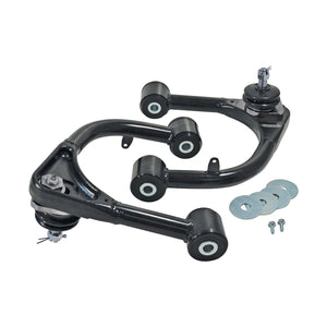 Pair of black upper control arms with bushings and ball joints for 200 Series Land Cruiser, including washers and bolts.