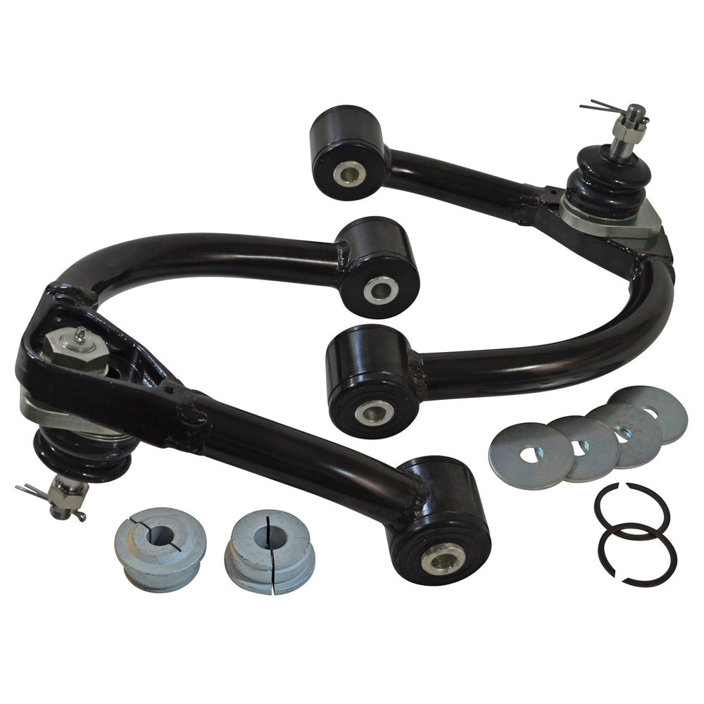 Pair of black upper control arms with bushings, ball joints, and hardware for 2000-07 Tundra and Sequoia suspension upgrade.