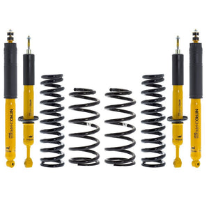Yellow shock absorbers and black coil springs for Lexus GX470 suspension lift kit, arranged side by side on white background.