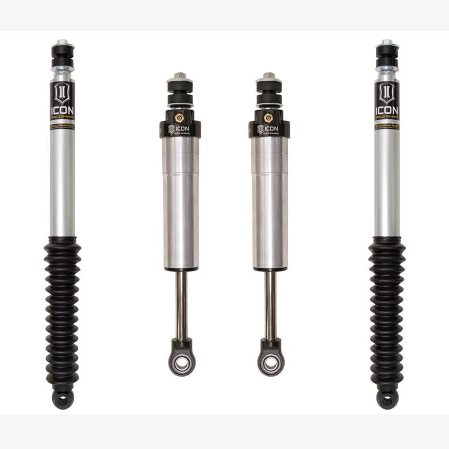 Four ICON Stage 1 performance shocks for 1998-2007 Toyota Land Cruiser 100 Series and Lexus LX470, front and rear views.
