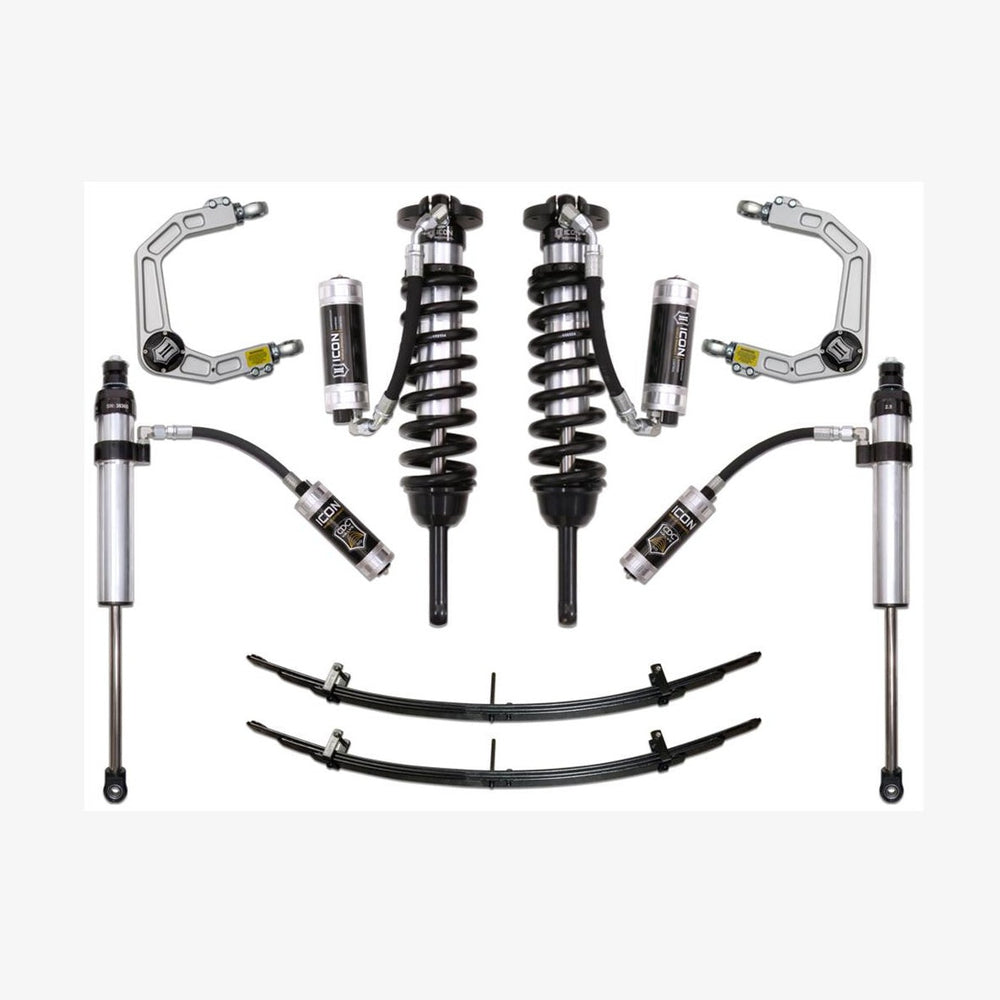 Complete ICON Stage 5 suspension system with coilovers, shocks, leaf springs, and billet upper control arms for 2016+ Toyota Tacoma.