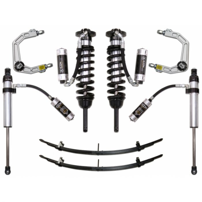 Complete ICON Stage 6 suspension system with coilovers, leaf springs, shocks, and billet upper control arms for 2016+ Toyota Tacoma.
