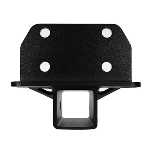 Front view of black metal rear receiver hitch with four mounting holes and square receiver tube.