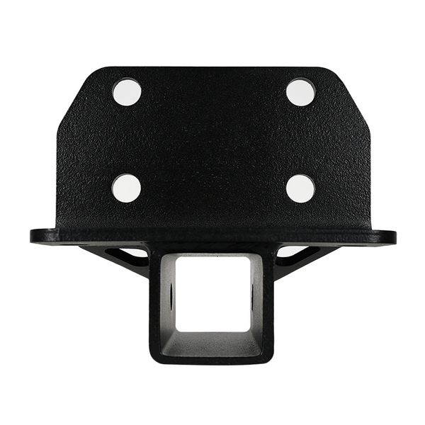 Front view of black metal rear receiver hitch with four mounting holes and square receiver tube.