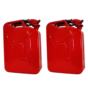 Pair of red metal fuel cans with black spouts and handles, shown side by side on white background.
