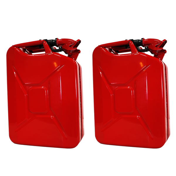Pair of red metal fuel cans with black spouts and handles, shown side by side on white background.