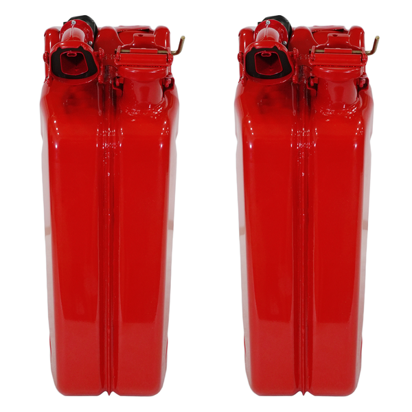 Pair of red metal Wavian fuel cans with black rubber spouts and locking caps, front view.