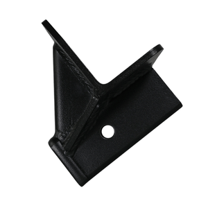 Close-up of black metal rear receiver bracket with welded reinforcements and mounting hole.