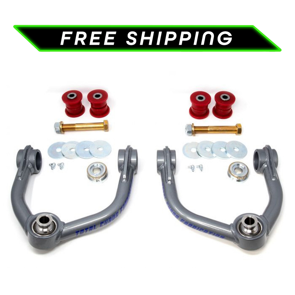 Pair of gray upper control arms with red bushings, bolts, washers, and grease fittings for 2000-2006 Tundra and 2001-2007 Sequoia.