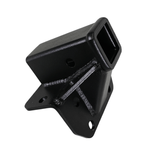 Black metal rear receiver hitch with reinforced welds and mounting holes, angled view.