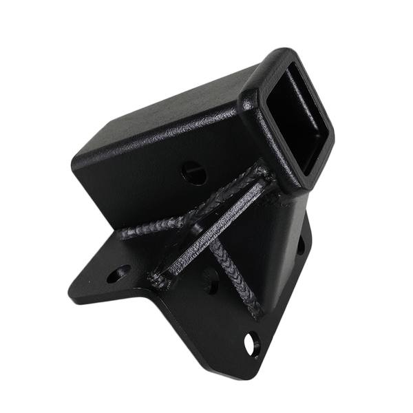 Black metal rear receiver hitch with reinforced welds and mounting holes, angled view.