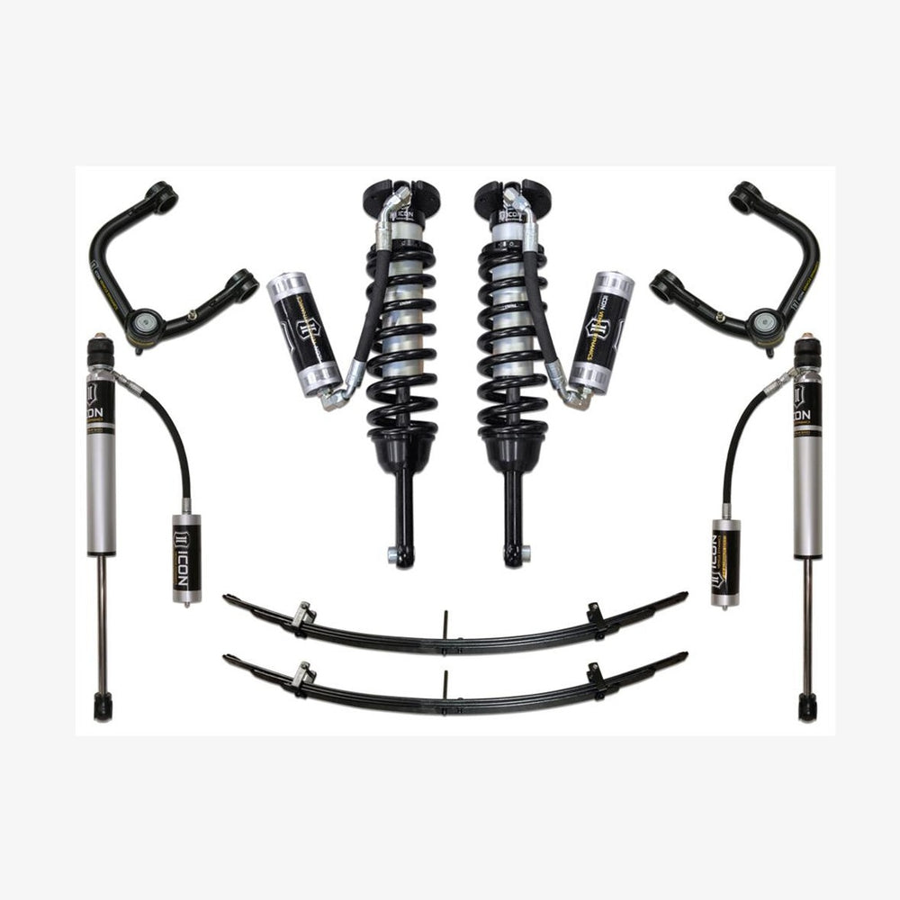 Complete ICON Stage 2 suspension system for 2016-up Toyota Tacoma, including shocks, coilovers, leaf springs, and control arms.