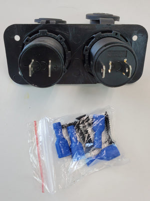 Black dual 12V power and USB plugs with mounting screws and blue wire connectors on white background.