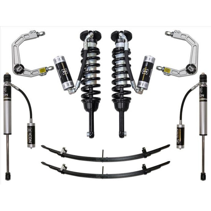 Complete Stage 4 suspension system with coilovers, shocks, leaf springs, and billet upper control arms for 2005-2015 Toyota Tacoma.