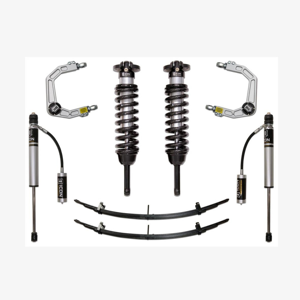 Complete Icon Stage 3 suspension system with coilovers, leaf springs, shocks, and billet upper control arms for 2005-2015 Toyota Tacoma.