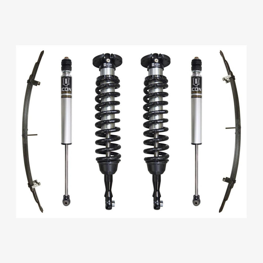 Stage 2 suspension system for 2007+ Toyota Tundra with coilovers, shocks, and leaf springs displayed on white background.