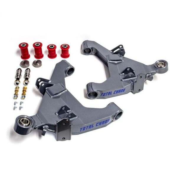 Pair of gray Total Chaos 4130 steel lower control arms with red bushings and hardware for 2005-2015 Tacoma, no secondary shock mounts.