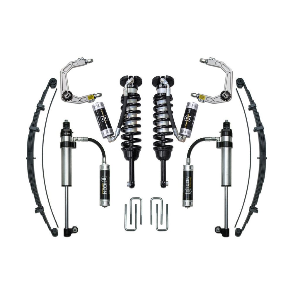 Complete Icon Stage 8 billet suspension system for 2016-up Toyota Tacoma, including shocks, springs, and control arms.