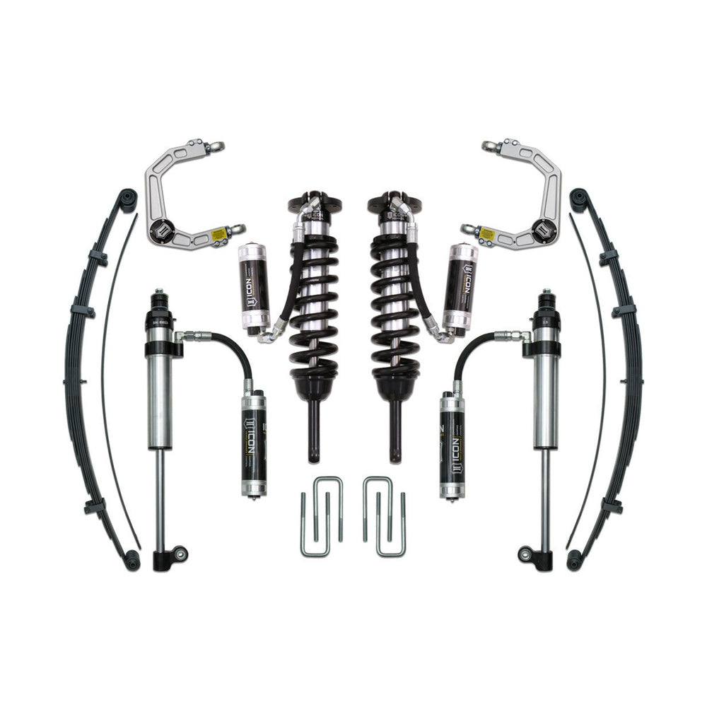 Complete suspension system kit with coilovers, shocks, leaf springs, and control arms for 2016+ Toyota Tacoma.