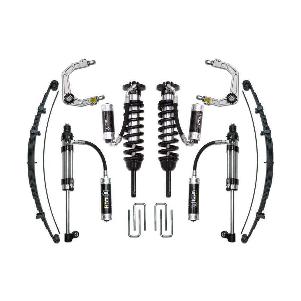 Complete Icon Stage 10 billet suspension system with shocks, coilovers, leaf springs, and control arms for 2016+ Toyota Tacoma.