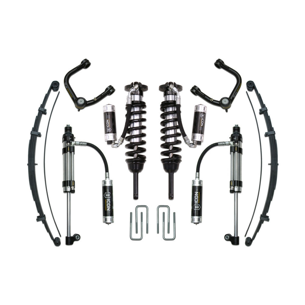 Complete Icon Stage 10 tubular suspension system with shocks, springs, leaf springs, and control arms for 2016+ Toyota Tacoma.