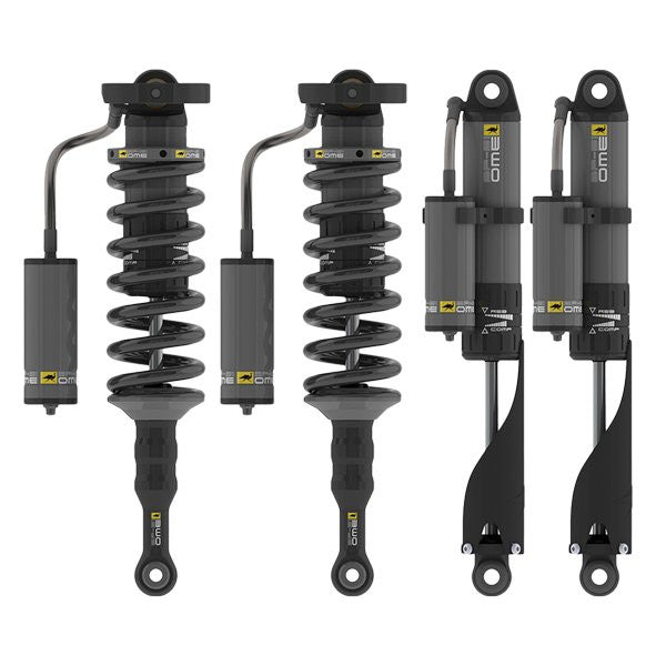 Set of four black OME BP-51 heavy-duty shocks with remote reservoirs for 2010 4Runner, non-KDSS suspension system.