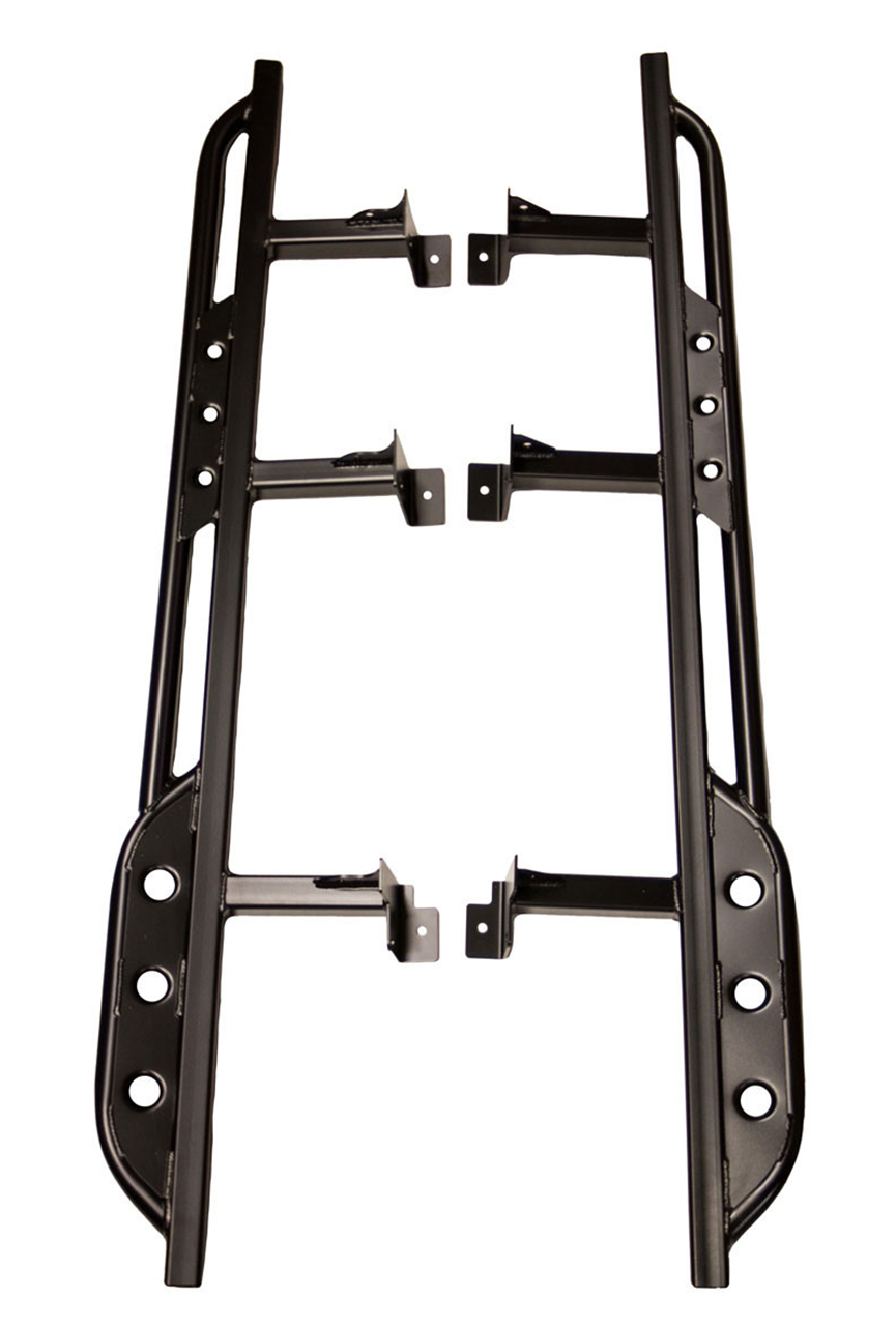 Pair of black metal side sliders with mounting brackets for 2016 Tacoma Access Cab, shown on white background.