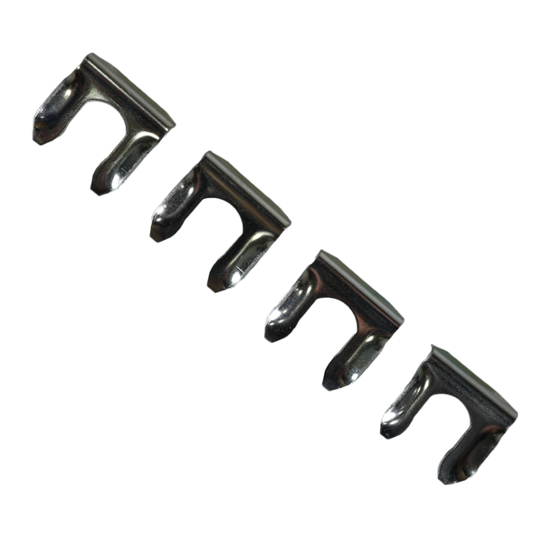 Four shiny metal clips for extended rear brake lines, arranged diagonally on white background.