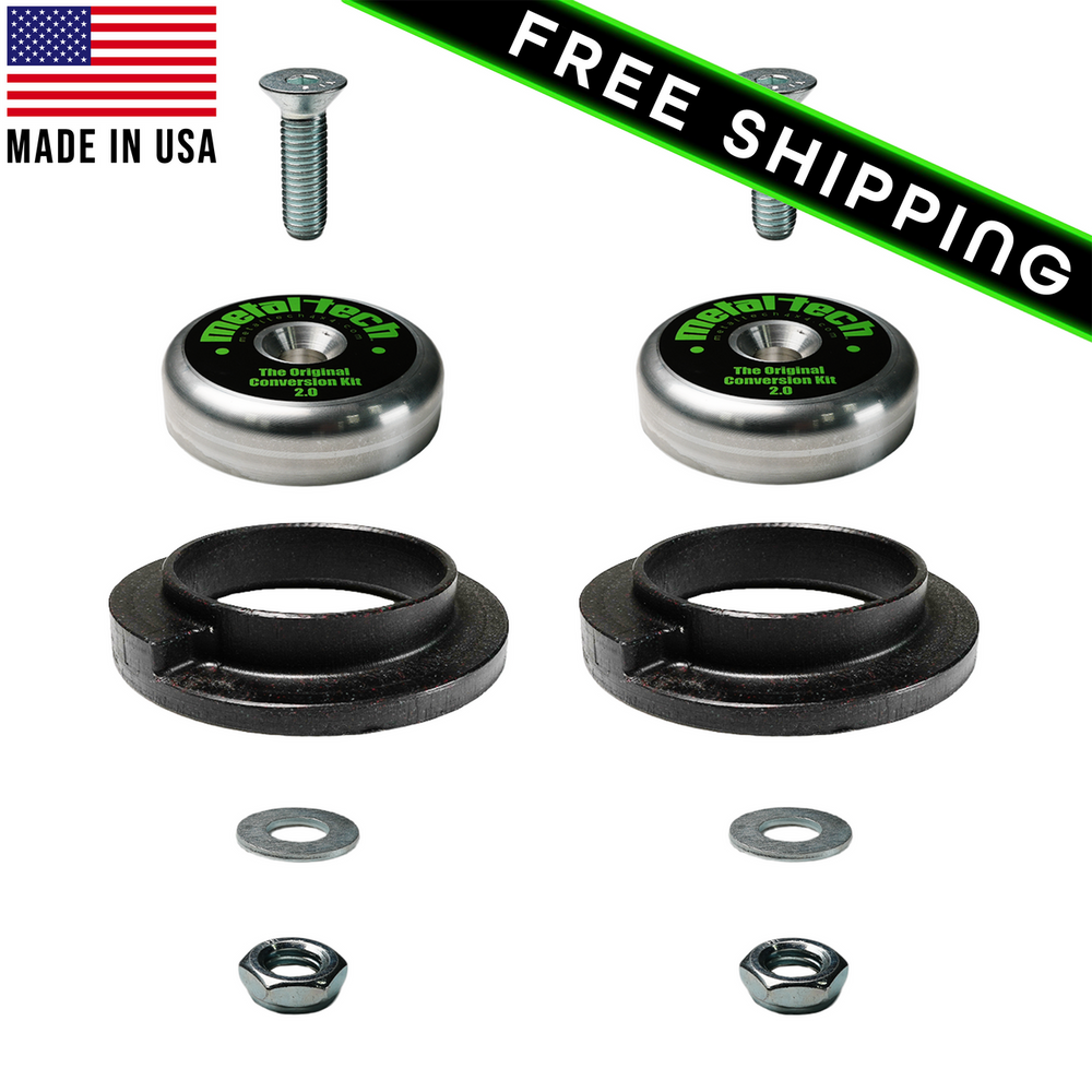 Metal Tech GX460 rear coil conversion kit Stage 1 with bolts, washers, nuts, and black coil spacers on white background.