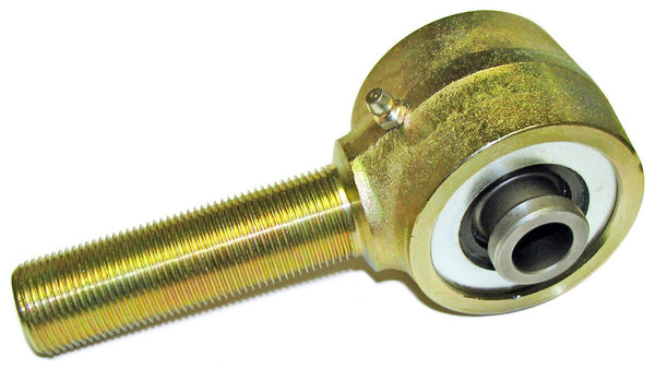Close-up of a threaded metal replacement flex joint for 100 series upper links with grease fitting on white background.