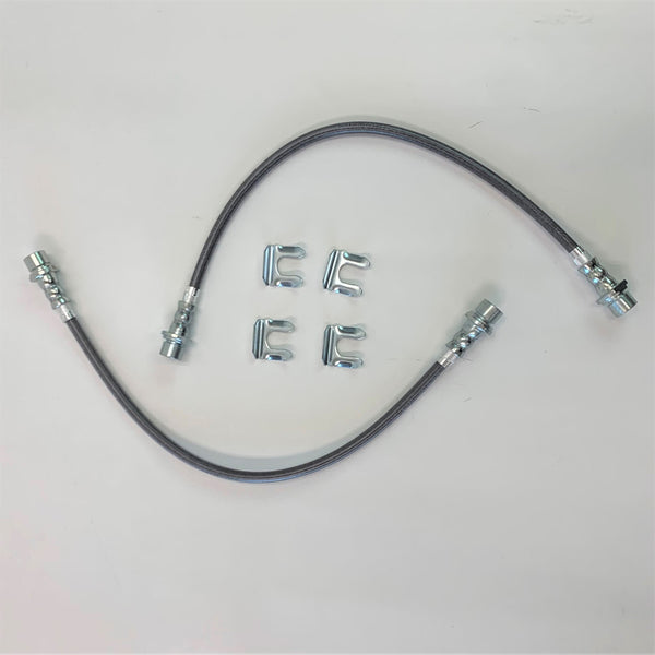 Extended rear brake lines with metal fittings and four mounting clips for FJ Cruiser and 4Runner vehicles.