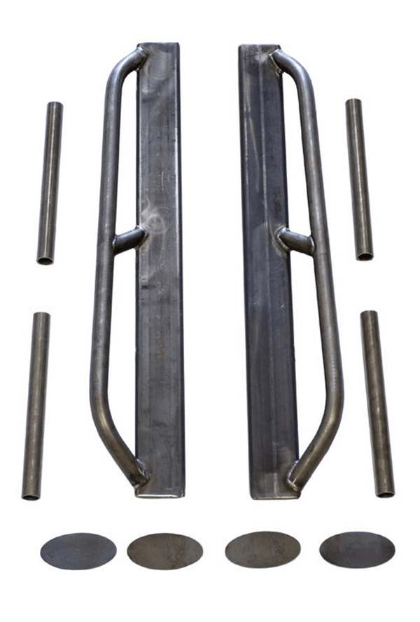 Unpainted metal rock sliders and mounting tubes laid out with round metal plates for FJ40 Land Cruiser.