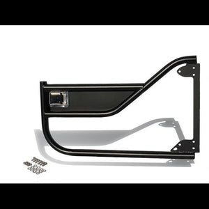 Black metal tube door for FJ45 Land Cruiser with latch and mounting hardware shown on white background.