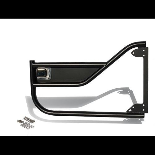Black metal tube door for FJ45 Land Cruiser with latch and mounting hardware shown on white background.