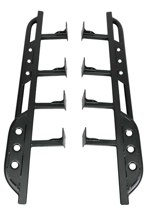 Pair of black steel rock sliders with mounting brackets for FJ Cruiser off-road protection.