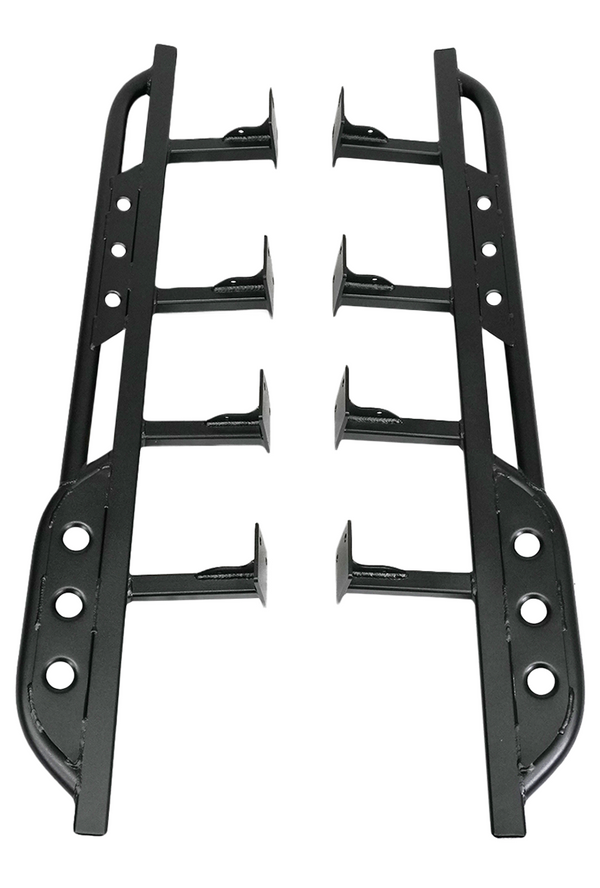 Pair of black steel rock sliders with mounting brackets for FJ Cruiser off-road protection.