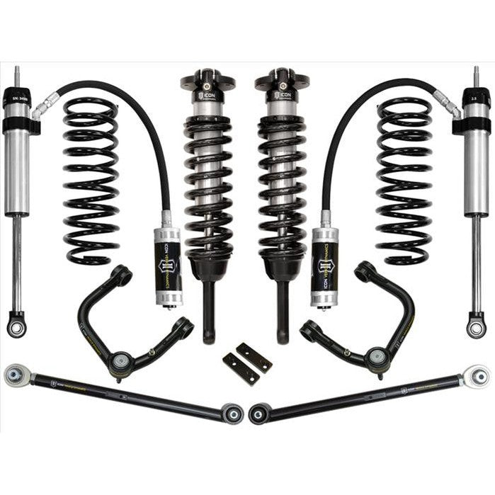 Complete ICON Stage 4 tubular 0-3.5 inch suspension system with shocks, springs, and control arms for 2007-2009 Toyota FJ Cruiser.