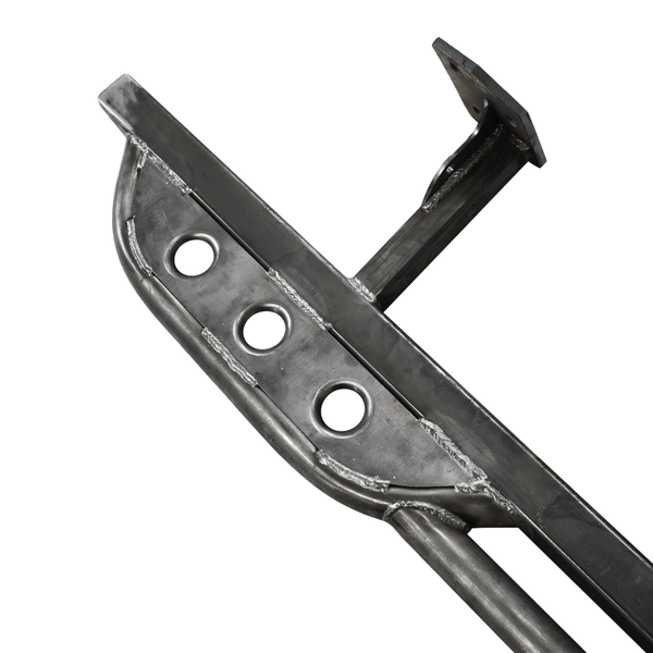 Close-up of heavy-duty metal rock slider with three circular cutouts and welded mounting bracket for 2010 4Runner.