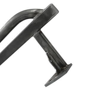 Close-up of raw steel Metal Tech 4x4 rock slider bracket with welds and mounting plate for 2010 4Runner trail use.