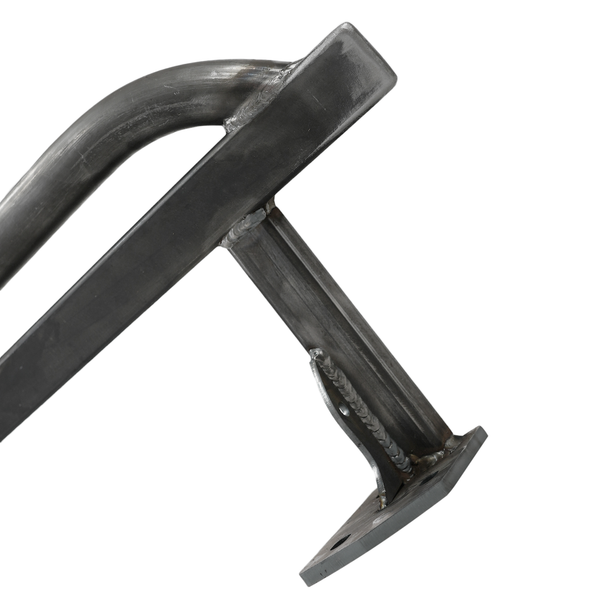 Close-up of raw steel Metal Tech 4x4 rock slider bracket with welds and mounting plate for 2010 4Runner trail use.