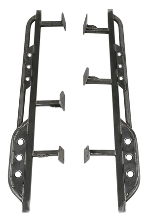 Pair of raw steel Metal Tech 4x4 trail rock sliders for 2010 4Runner, showing mounting brackets and welds.