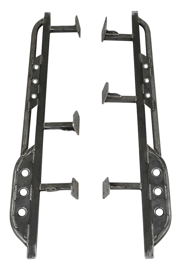 Pair of raw steel Metal Tech 4x4 trail rock sliders for 2010 4Runner, showing mounting brackets and welds.